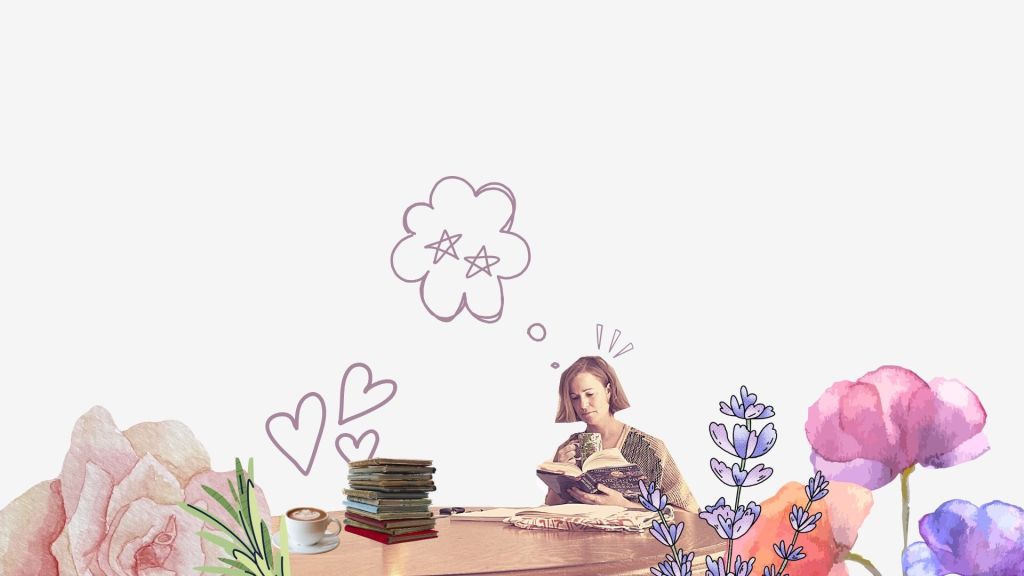 A white woman sits at a table reading a book with a collage of flowers and illustrations around her.