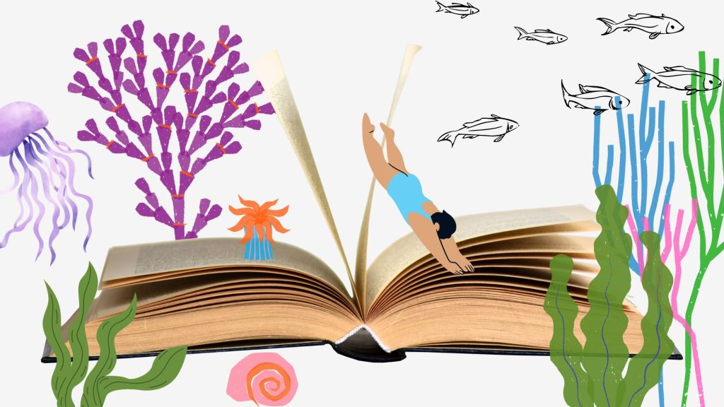 Illustration of a woman diving into a book with fish and coral illustrations around her.