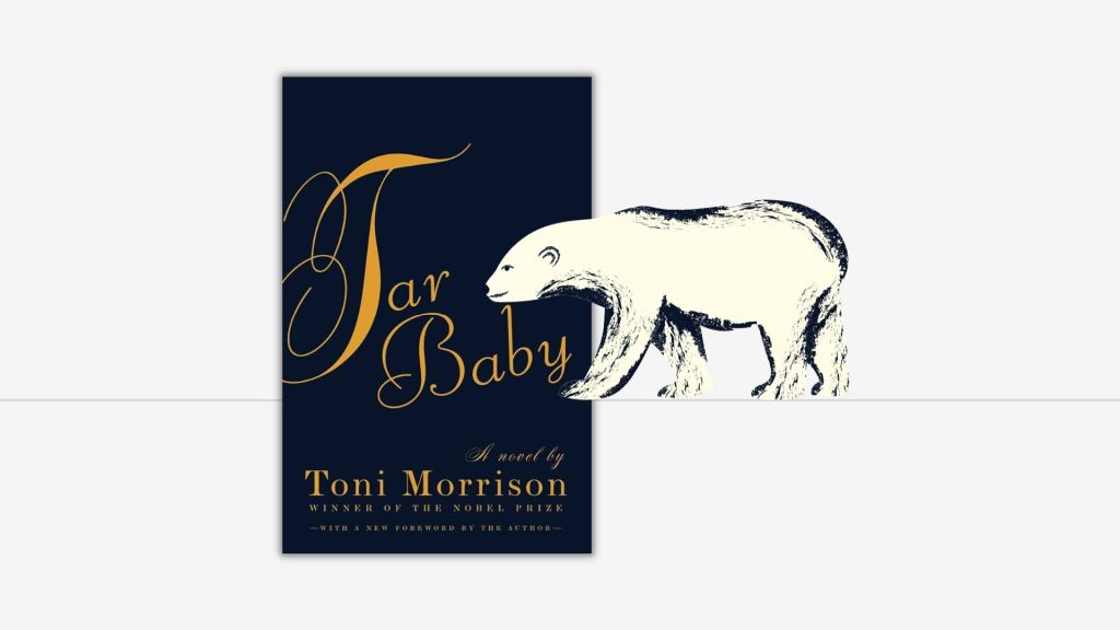 A polar bear illustration over the Vintage International cover design of Tar Baby by Toni Morrison.