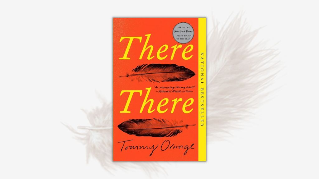 a feather with the cover of There There by Tommy Orange
