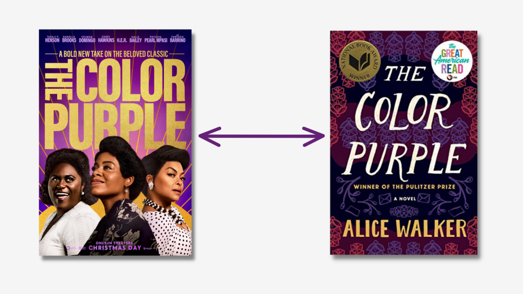 The cover of The Color Purple by Alice Walker and the 2023 The Color Purple movie poster.